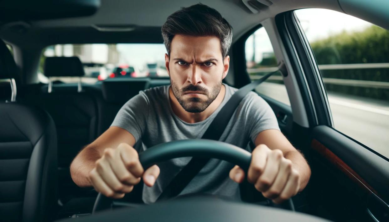 Driver behind the wheel looking angry and exhibiting road rage