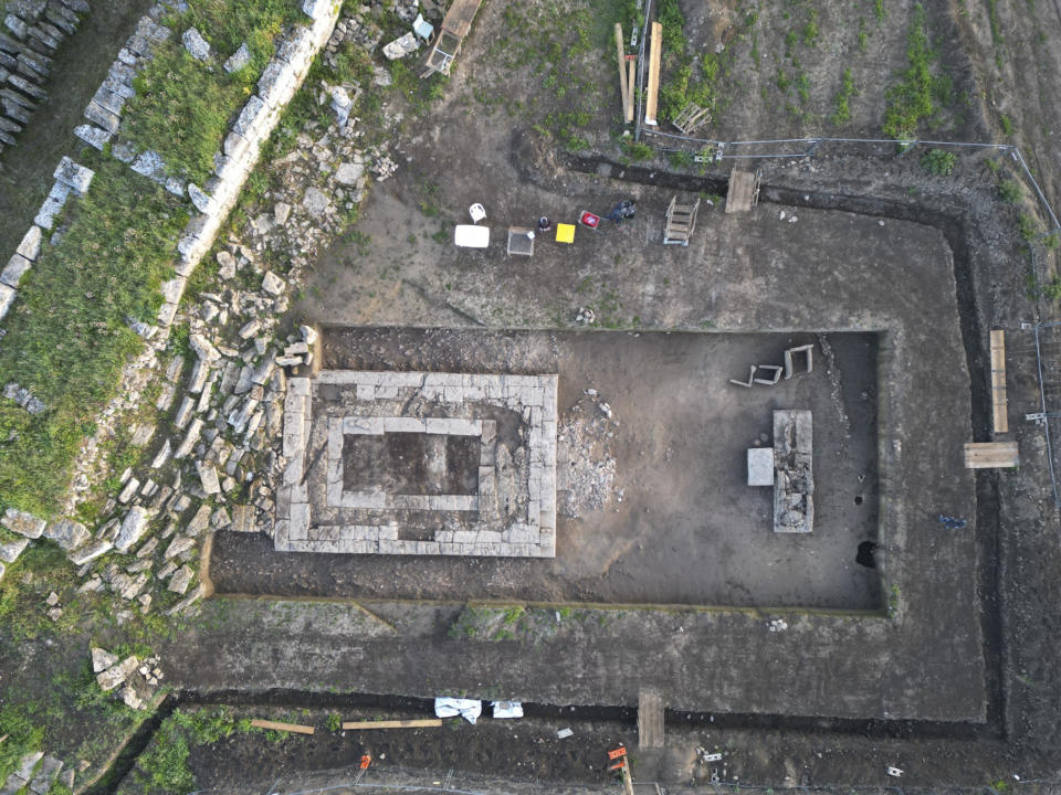 This undated photo shows the area where a newly discovered sanctuary, which dates from the 5th century B.C., was first identified in 2019 along the ancient city walls of Paestum, Southern Italy. The excavations of the sanctuary in the ancient city of Paestum have unearthed seven terracotta bull heads and a figurine of Eros riding a dolphin that shines new light on the religious life and rituals of the ancient Greek city, culture ministry officials said Saturday, April 15, 2023. (Paestum Velia Archeological Park via AP)