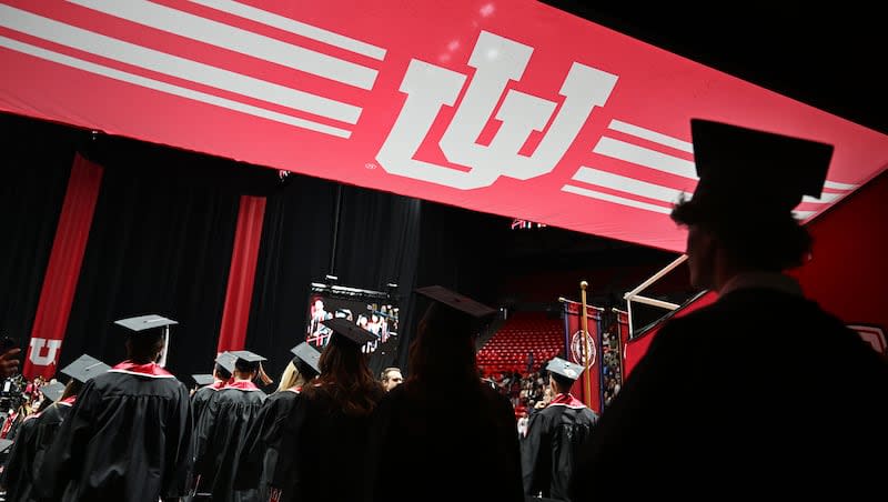 Graduates enter the arena before commencement at the Huntsman Center at the University of Utah in Salt Lake City on Thursday, May 2, 2024.