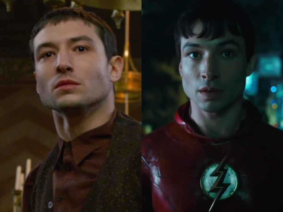 On the left: Ezra Miller in "Fantastic Beasts: The Crimes of Grindelwald." On the right: Miller in "The Flash."