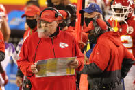 Kansas City Chiefs head coach Andy Reid watches from the sideline in the first half of an NFL football game against the Houston Texans Thursday, Sept. 10, 2020, in Kansas City, Mo. (AP Photo/Charlie Riedel)