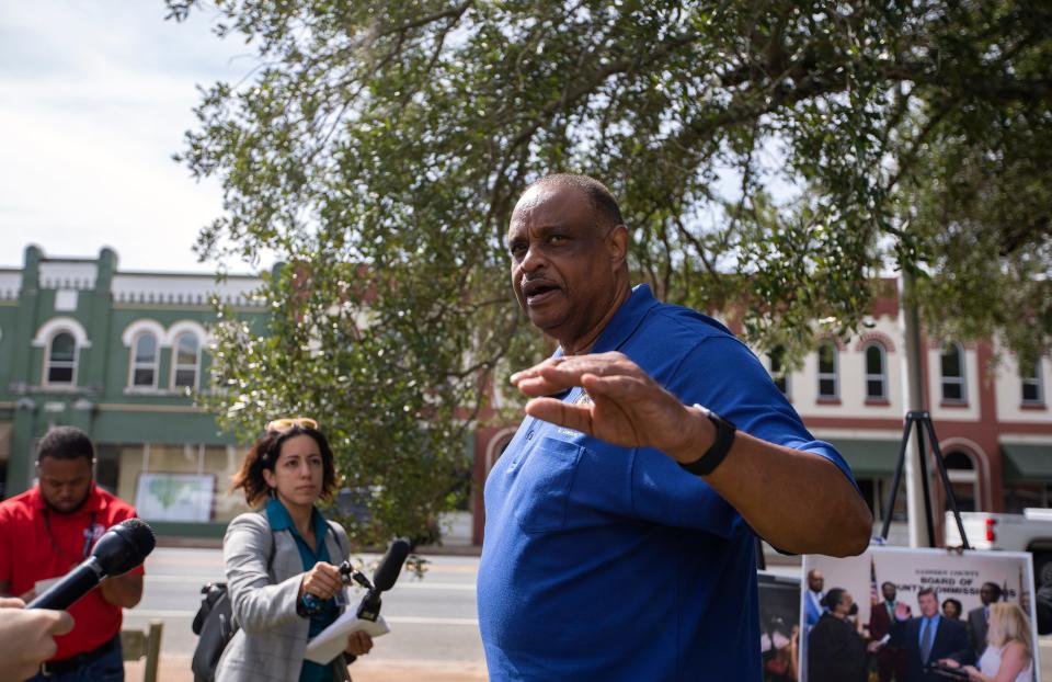 U.S. Rep. Al Lawson speaks outside the Gadsden County Courthouse at a press conference on Wednesday, Sept. 28, 2022. Local leaders asked former Gadsden County Commissioner Jeffery Moore for a response to the photo allegedly of him in KKK garb.