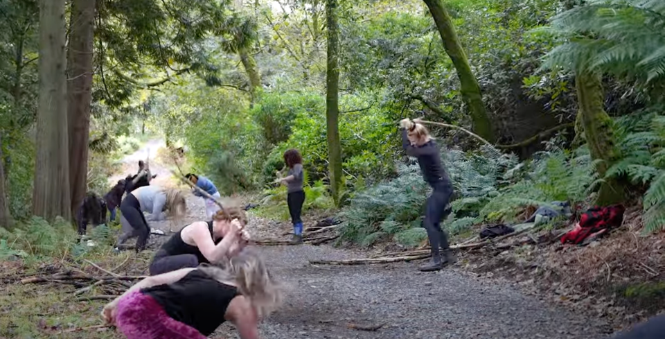 A rage ritual is a ceremony in which participants scream and beat large sticks on the ground in the woods. Participants are encouraged to think of people and experiences that have wronged them.