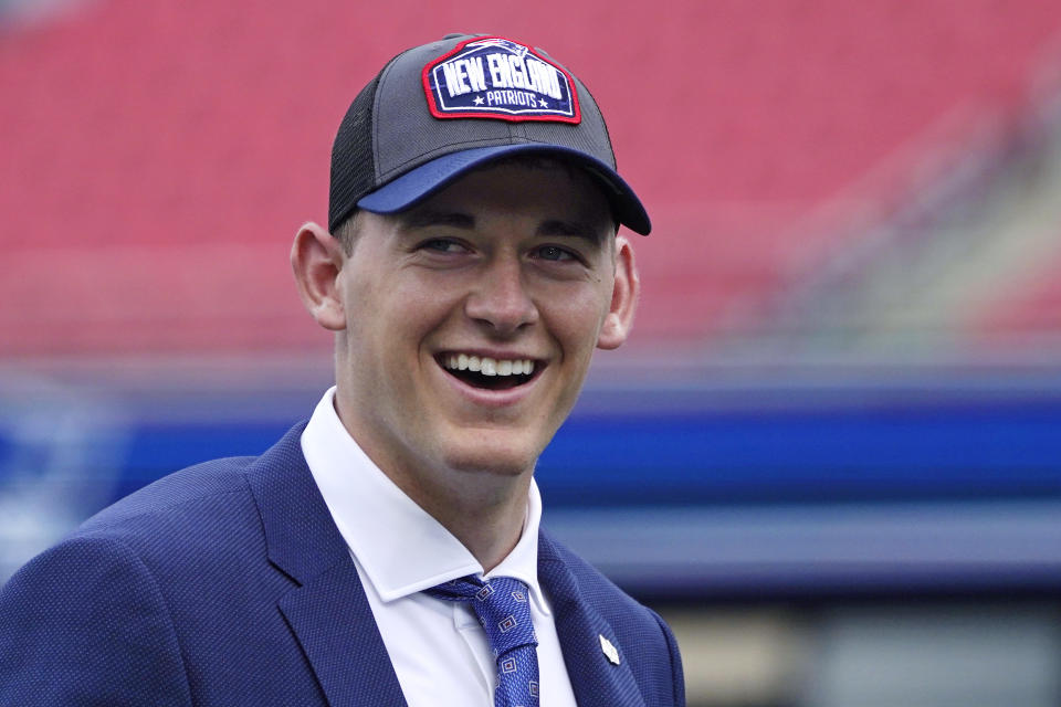 New England Patriots rookie quarterback Mac Jones almost certainly won't start right away. (AP Photo/Charles Krupa)