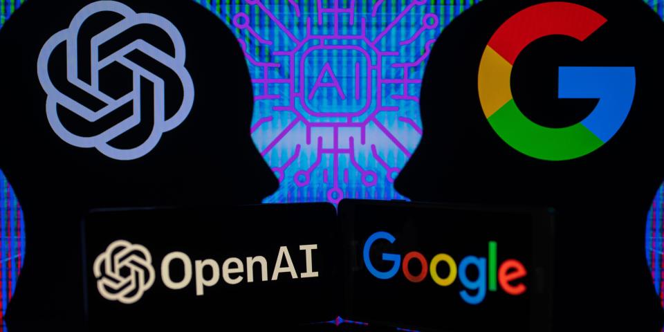 Google Bard VS OpenAI ChatGPT displayed on Mobile with Openai and Google logo on screen seen in this photo illustration. On 7 February 2023 in Brussels, Belgium.