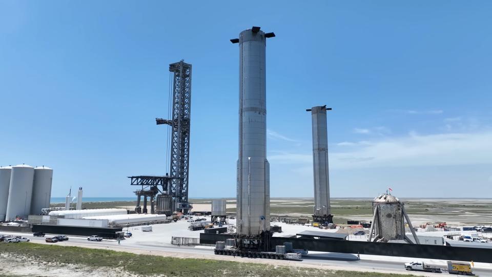 Two Super Heavy boosters sitting next to each other in Boca Chica Starbase.