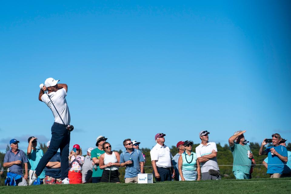 Brooks Koepka hits his tee shot on the 14th hole during the second round of the Sentry Tournament of Champions golf tournament at Kapalua Resort last month. Mandatory Credit: Kyle Terada-USA TODAY Sports