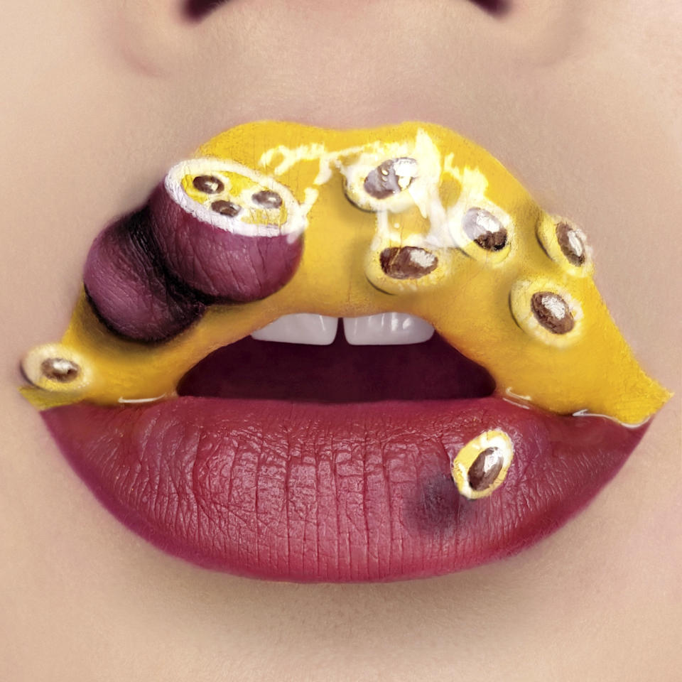Tutushka's lipstick artwork featuring a passionfruit. (Photo: Tutushka Matviienko/Caters News)