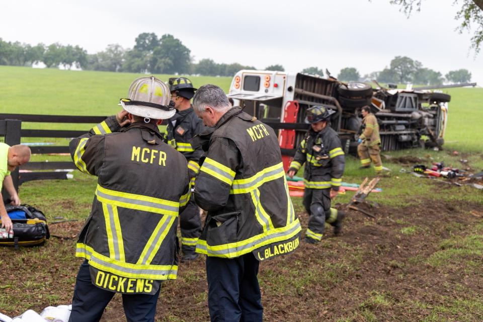 Investigators assess the scene of a fatal bus crash which killed at least eight migrant workers in Florida on Tuesday 14 May 2024 (Marion County Fire Rescue)