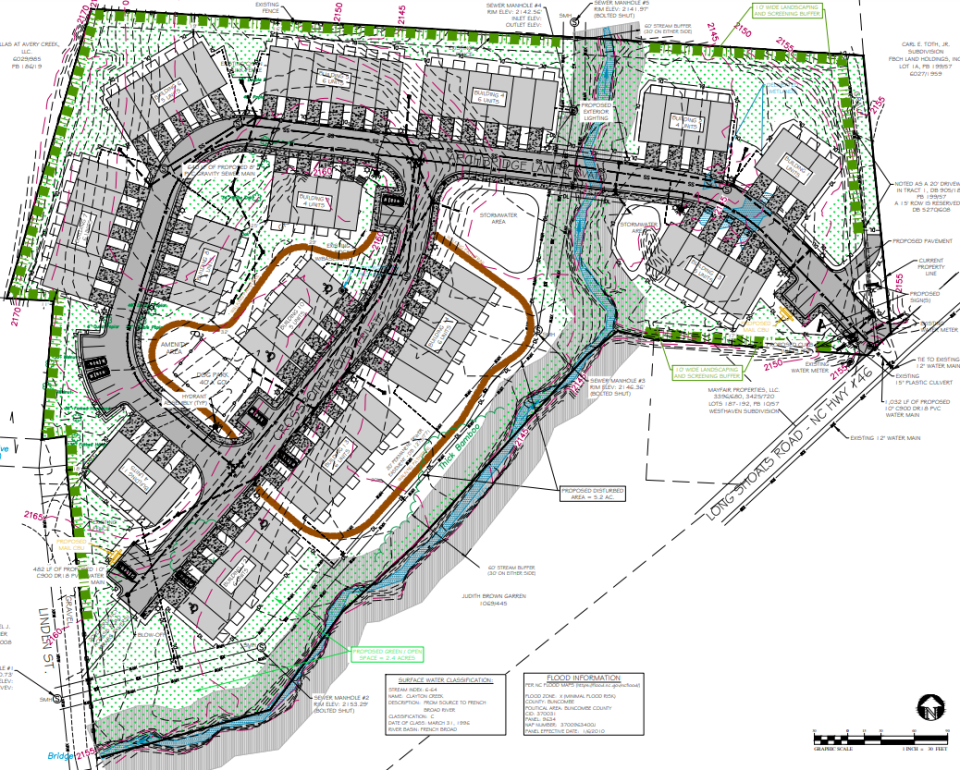 A layout for a planned 70-townhome development on Long Shoals Road in the Arden area was one document of many submitted as a construction application to Buncombe County Board of Adjustment, which meets next July 13.