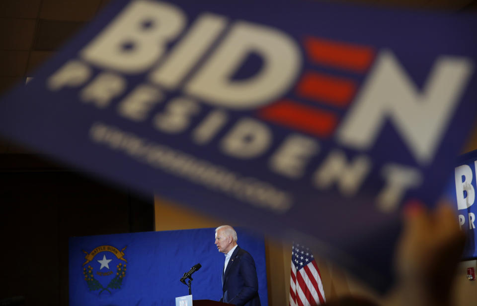 Former vice president and Democratic presidential candidate Joe Biden speaks at a rally with members of a painters and construction union, Tuesday, May 7, 2019, in Henderson, Nev. (AP Photo/John Locher)