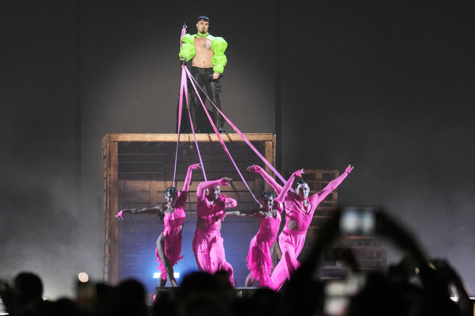 Jere Poyhonen, AKA Kaarija, of Finland, performs during a dress rehearsal for the first semifinal at the Eurovision Song Contest at the M&S Bank Arena in Liverpool, England, Monday, May 8, 2023. (AP Photo/Martin Meissner)