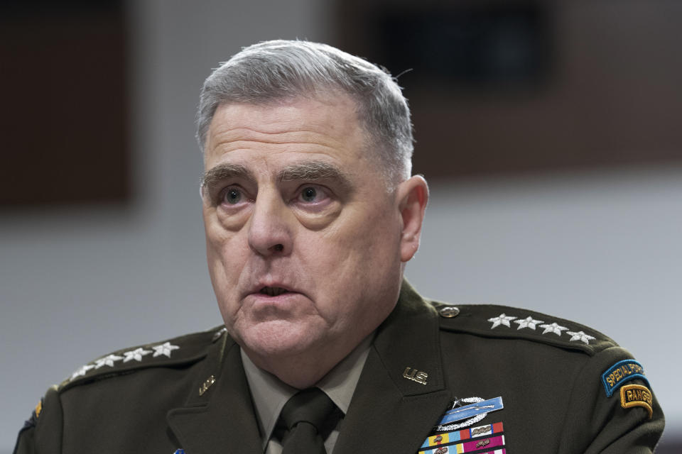 Gen. Mark Milley, chairman of the Joint Chiefs of Staff, testifies during a Senate Armed Services Committee hearing to examine the President's proposed budget request for fiscal year 2024 for the Department of Defense and the Future Years Defense Program, Tuesday, March 28, 2023, on Capitol Hill in Washington. (AP Photo/Mariam Zuhaib)