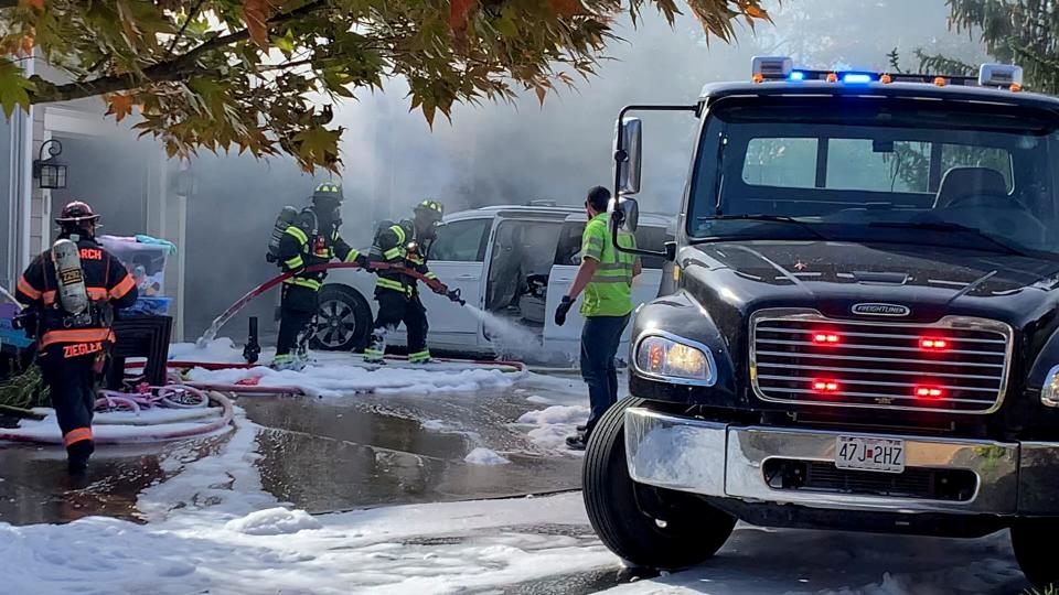 Officials from the fire and police departments respond to a scene at the Hawkins family home in Chesterfield, Missouri, on Nov. 5, 2023.