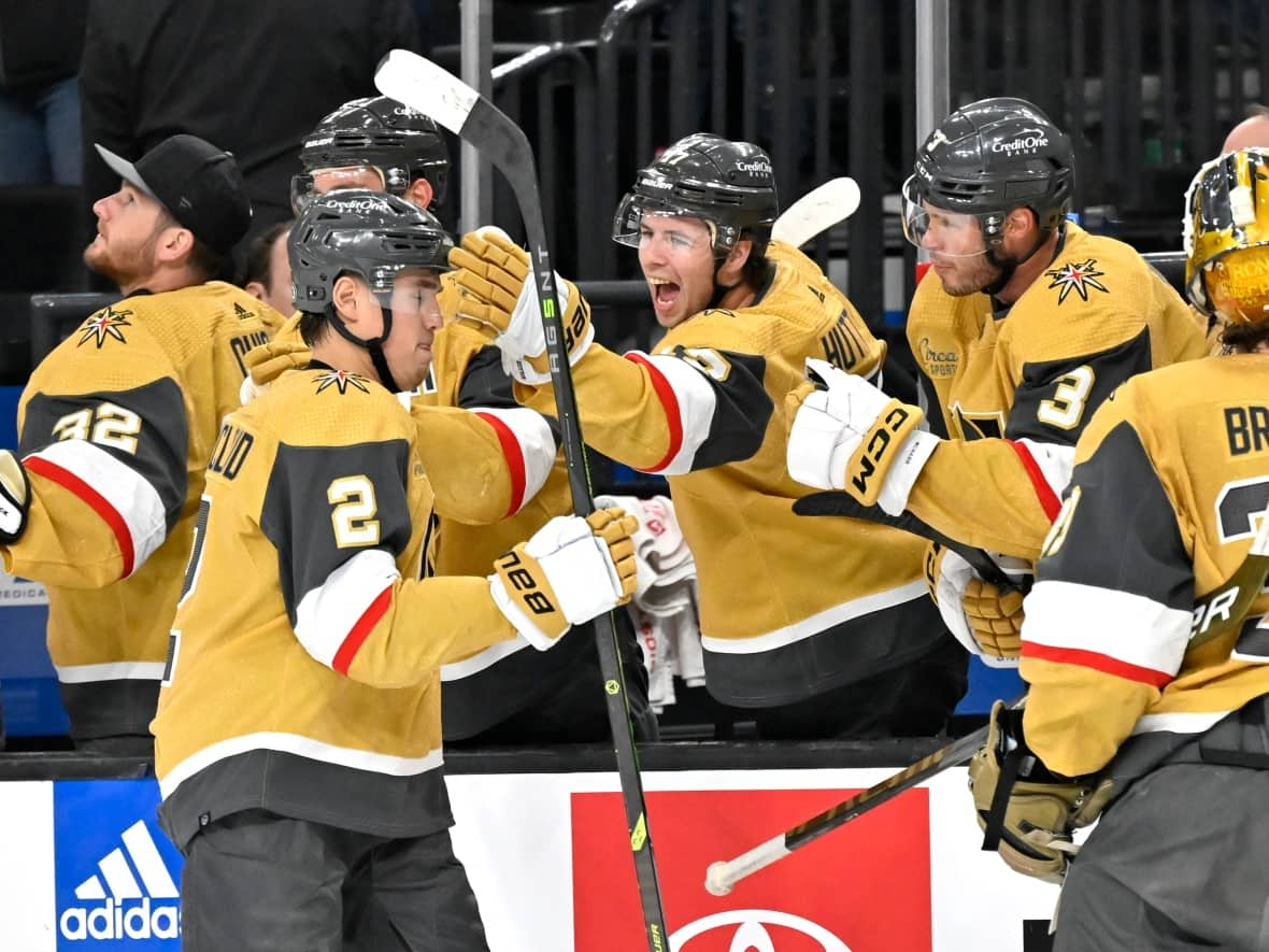 Vegas Golden Knights defenseman Zach Whitecloud celebrates with his teammates after scoring against the visiting Minnesota Wild during the first period of an NHL game earlier month. (David Becker/Associated Press - image credit)