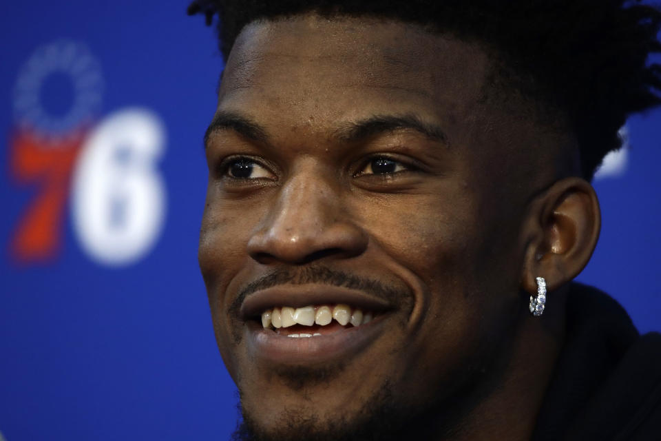 Philadelphia 76ers' Jimmy Butler speaks with members of the media during a news conference at the NBA basketball team's practice facility in Camden, N.J., Tuesday, Nov. 13, 2018. (AP Photo/Matt Rourke)