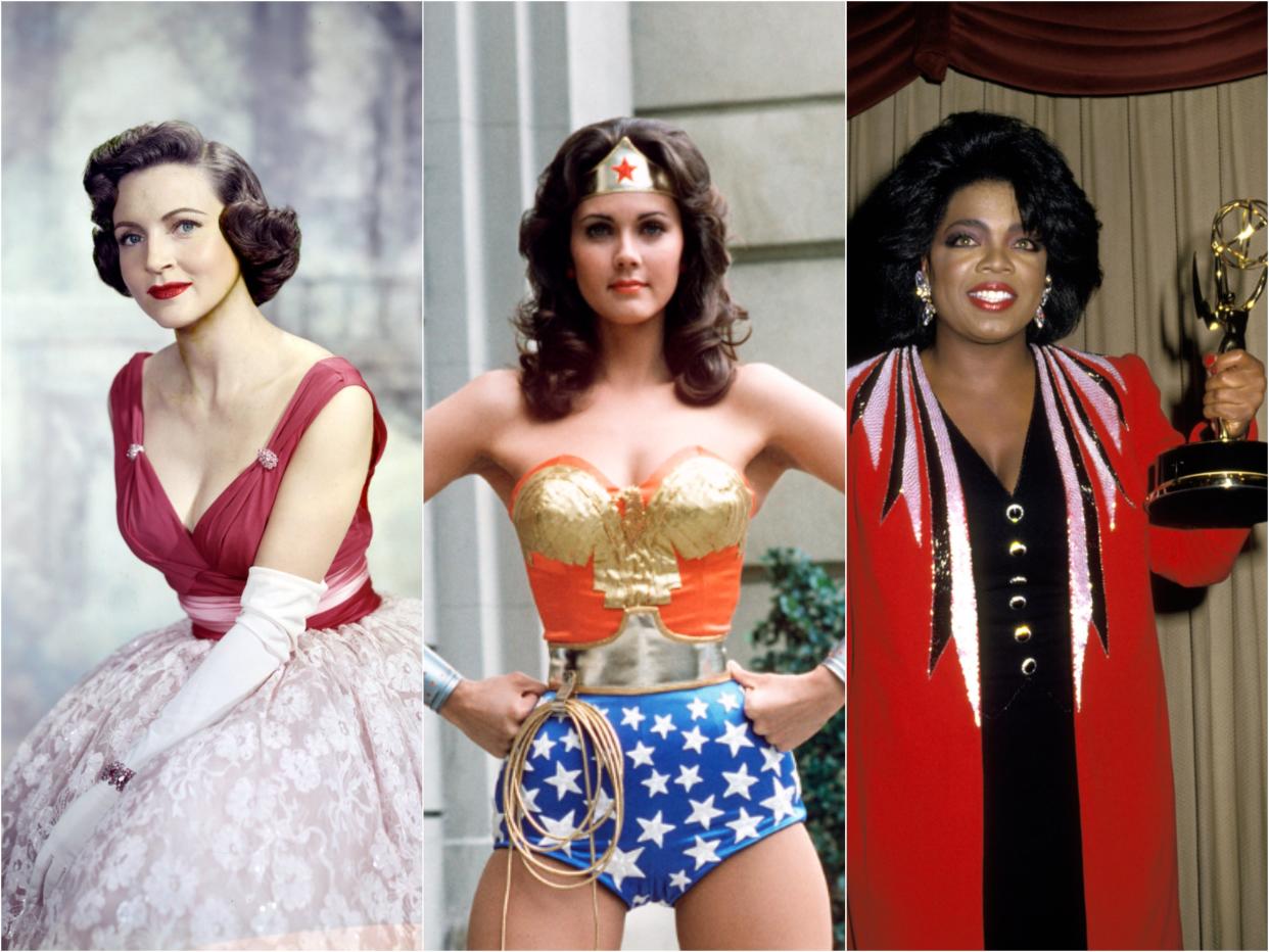 Side by side photos of Betty White, Lynda Carter, and Oprah Winfrey during the early years of their careers.