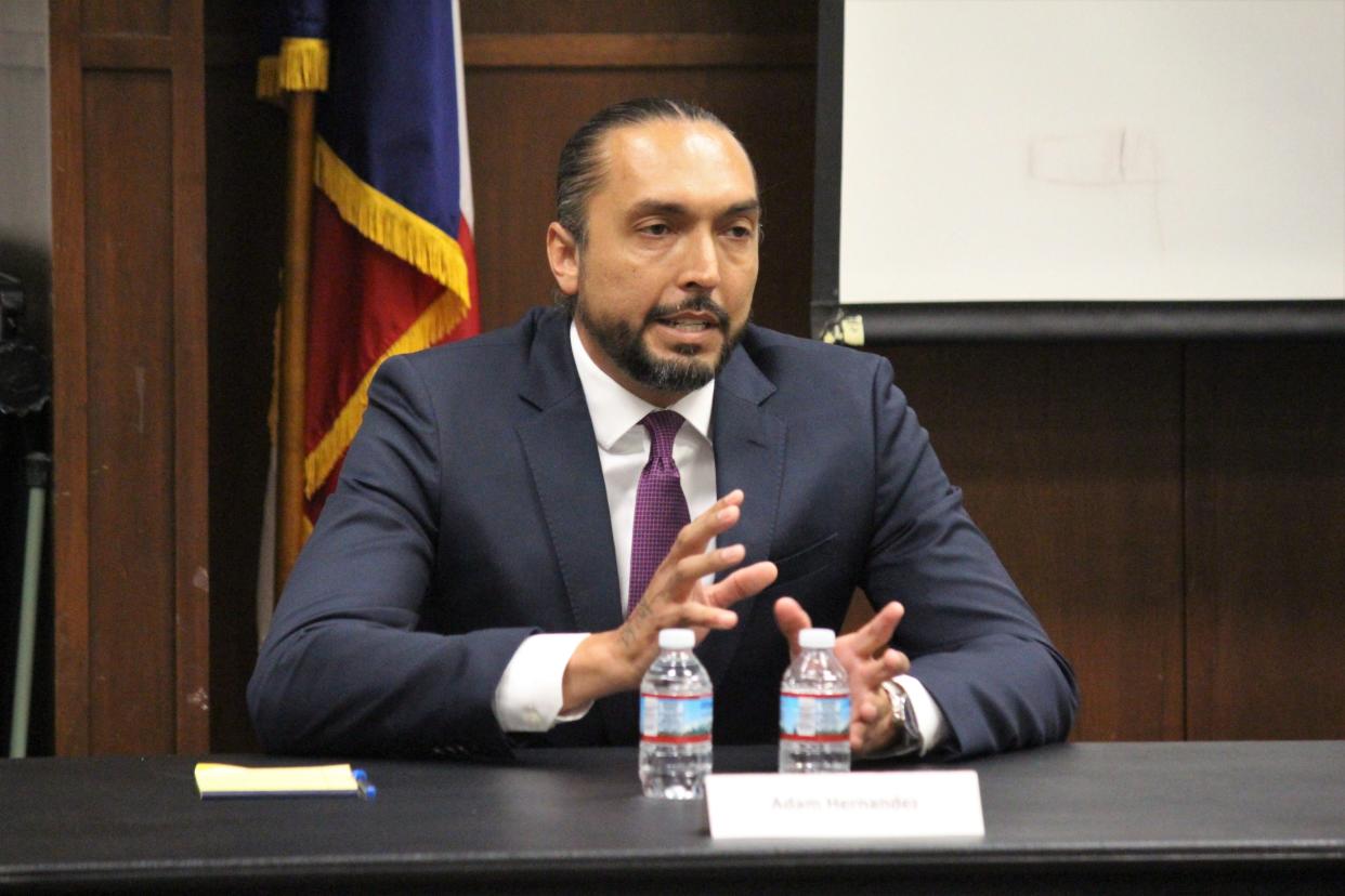 Lubbock mayoral candidate Adam Hernandez speaks during the Texas Tech Public Media mayoral forum Monday at Mahon Library.