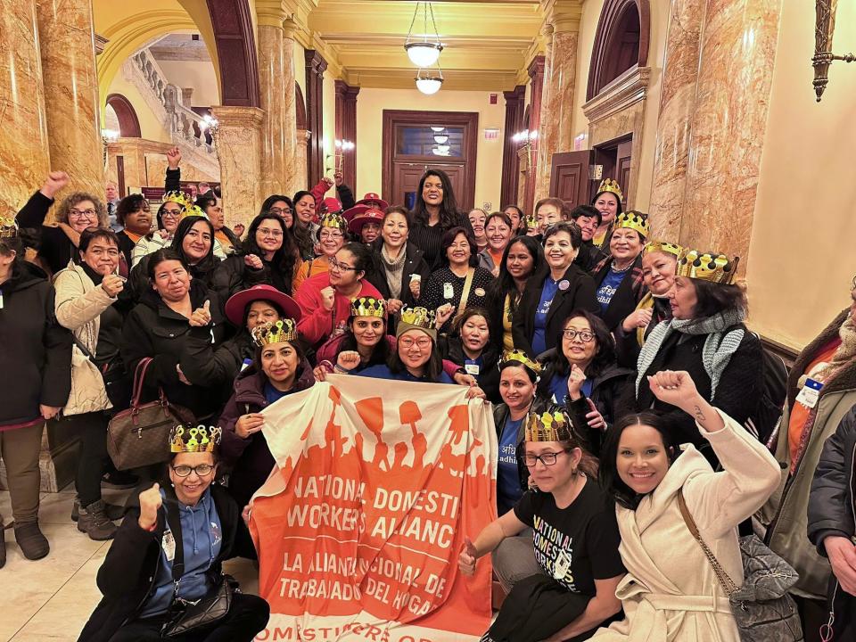 Domestic workers celebrating the passage of a "bill of rights" in Trenton on Jan. 8, 2024.