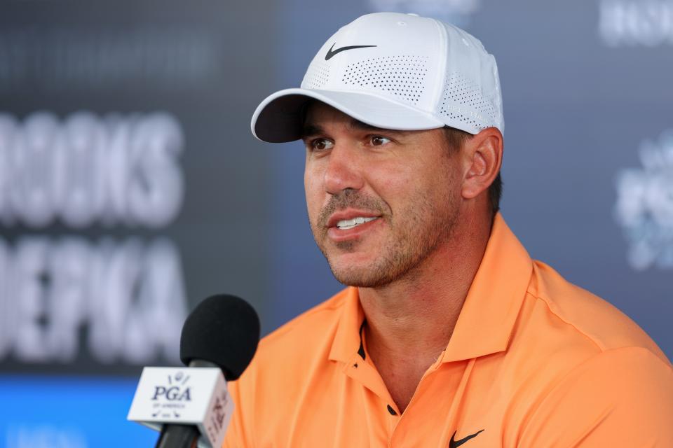 LOUISVILLE, KENTUCKY - MAY 15: Brooks Koepka of the United States speaks to the media during a practice round prior to the 2024 PGA Championship at Valhalla Golf Club on May 15, 2024 in Louisville, Kentucky. (Photo by Andrew Redington/Getty Images)