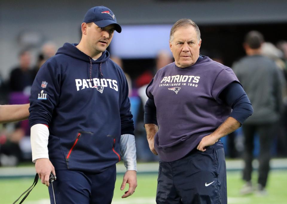 Patriots head coach Bill Belichick, right, and special-teams coach Joe Judge talk prior to Super Bowl LII against the Philadelphia Eagles at U.S. Bank Stadium in 2018.