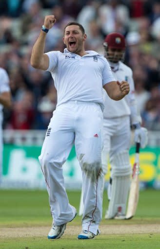 England's Tim Bresnan celebrates after taking the wicket of West Indies Marlon Samuels during the third day of the third Test match between England and West Indies in Birmingham, central England