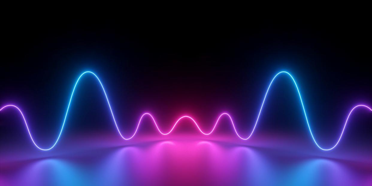 3d render, abstract background, glowing dynamic wavy lines on the floor, pink blue neon light, ultraviolet spectrum