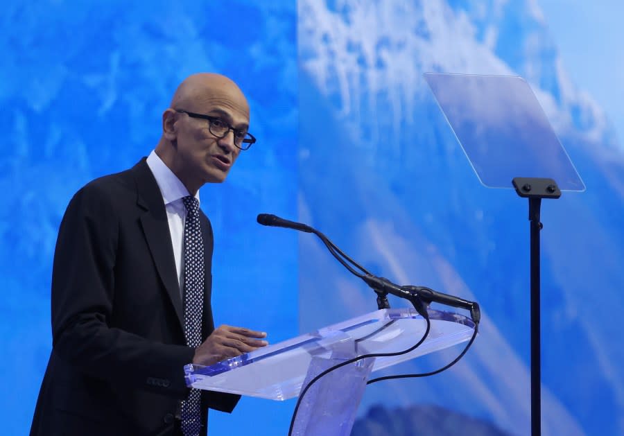 Microsoft CEO Satya Nadella speaks during the APEC CEO Summit at Moscone West on November 15, 2023. (Photo by Justin Sullivan/Getty Images)