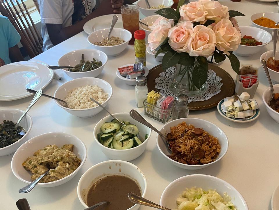 table full of food at ms wilkes house in savannah georgia