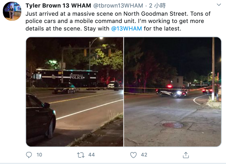 紐約州羅徹斯特發生大規模槍擊案，警方已封鎖現場進行調查。   圖：翻攝自推特