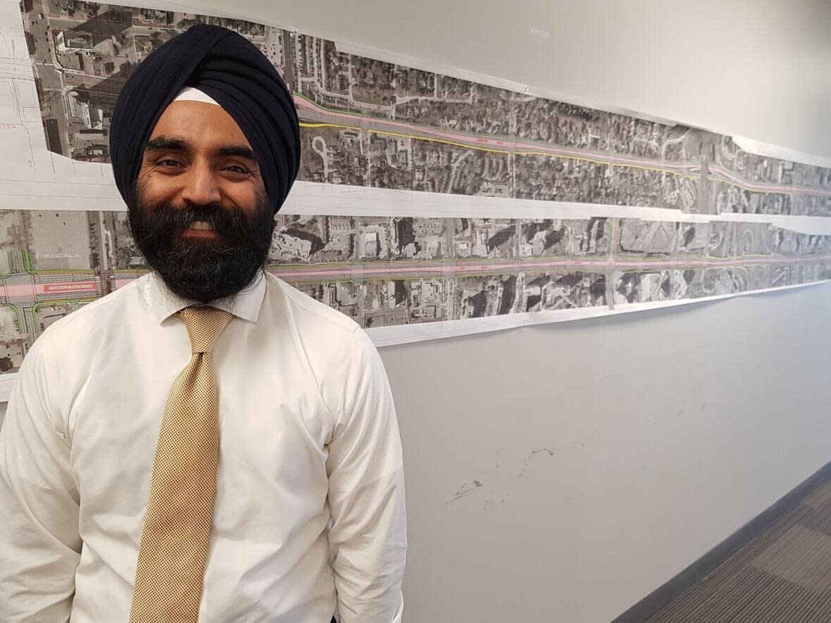 Darshpreet Bhatti moved to Calgary from Ontario, where he worked on a couple of LRT projects. That included working for Metrolinx as vice-president of the Hurontario LRT line in Brampton/Mississauga, and before that, he worked on the LRT/bus rapid transit project in the Waterloo region.  (Mike Smee/CBC - image credit)