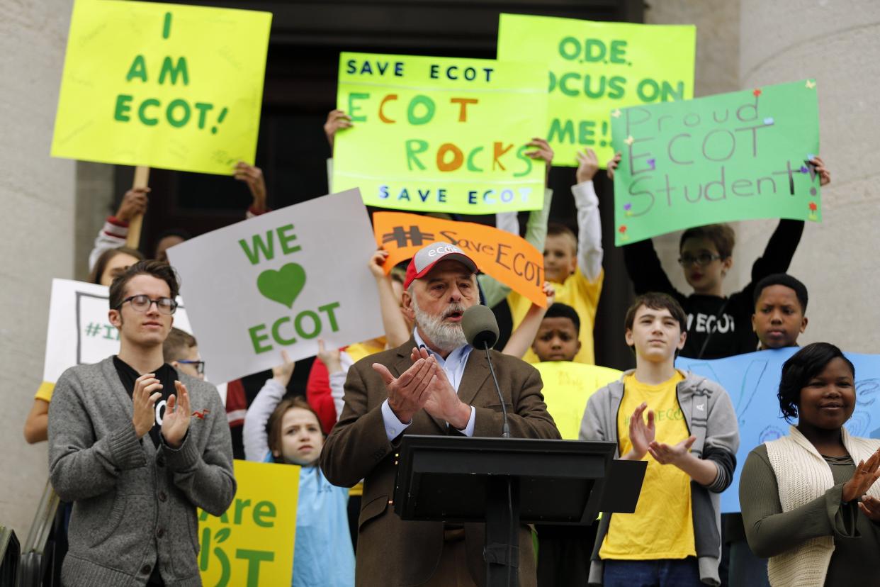 ECOT founder Bill Lager speaks during an ECOT rally at the Ohio Statehouse this afternoon in Columbus, Ohio on May 9, 2017.