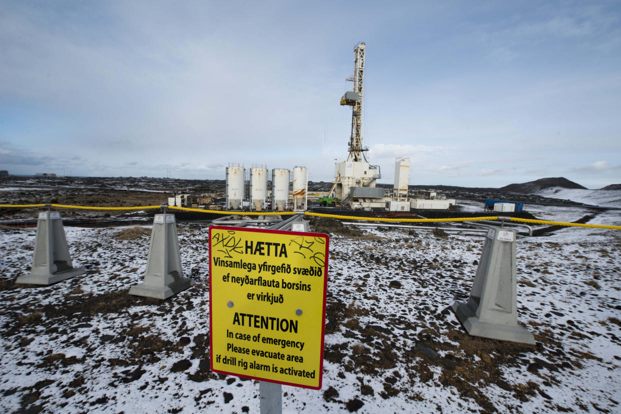 The entry to the Reykjanes geothermal power station, with patches of snow on the ground.