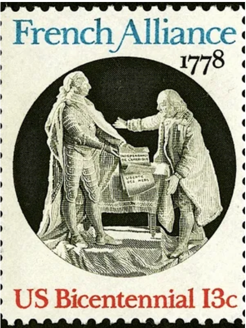 The Treaties with France, the theme of this postage stamp, reached Continental Congress in York in early May 1778. Congress promptly ratified the treaties.