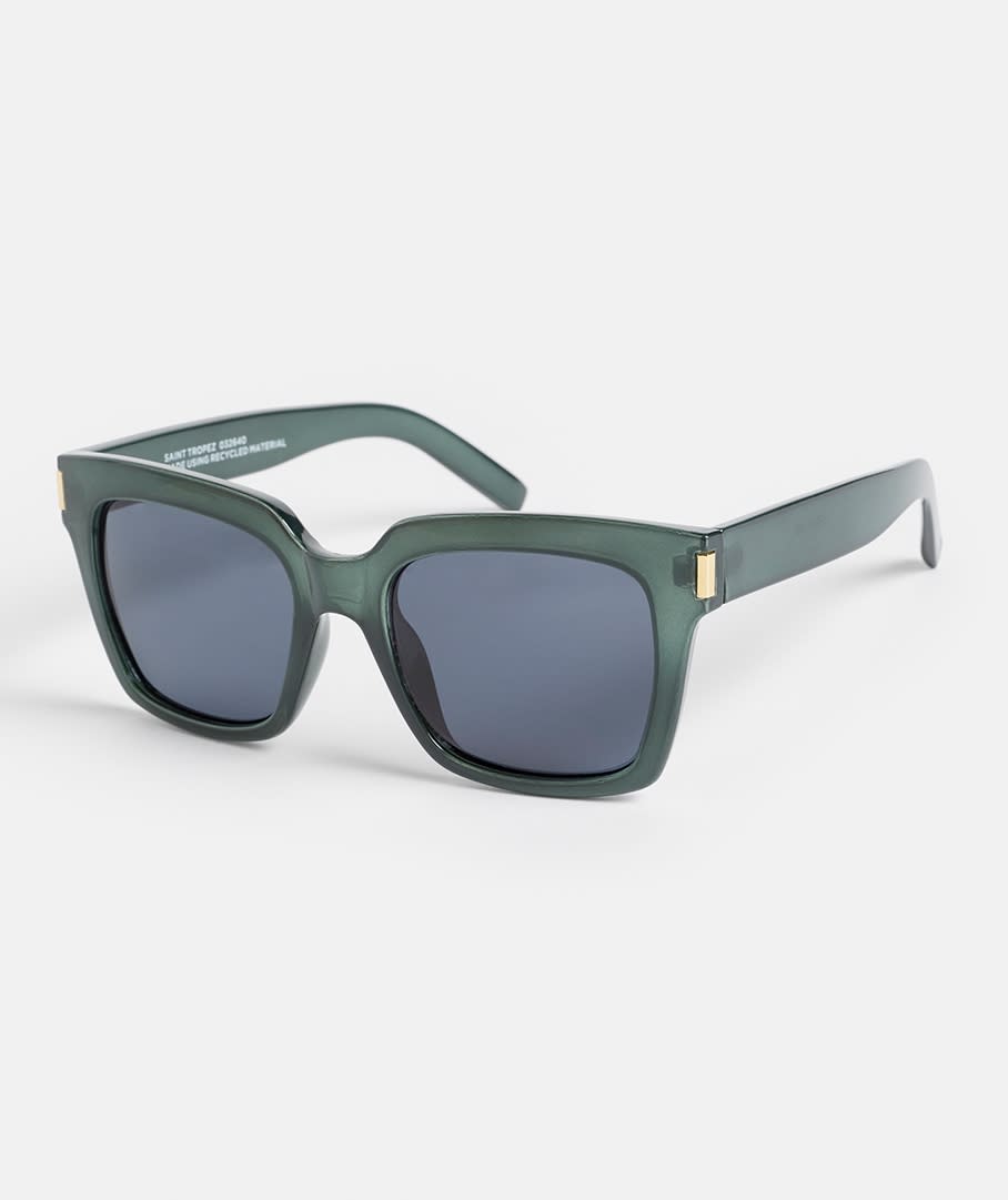 Olive green heavy framed sunglasses with smoky lenses and gold fittings. Saint Tropez Emerald Sunglasses, $34.95