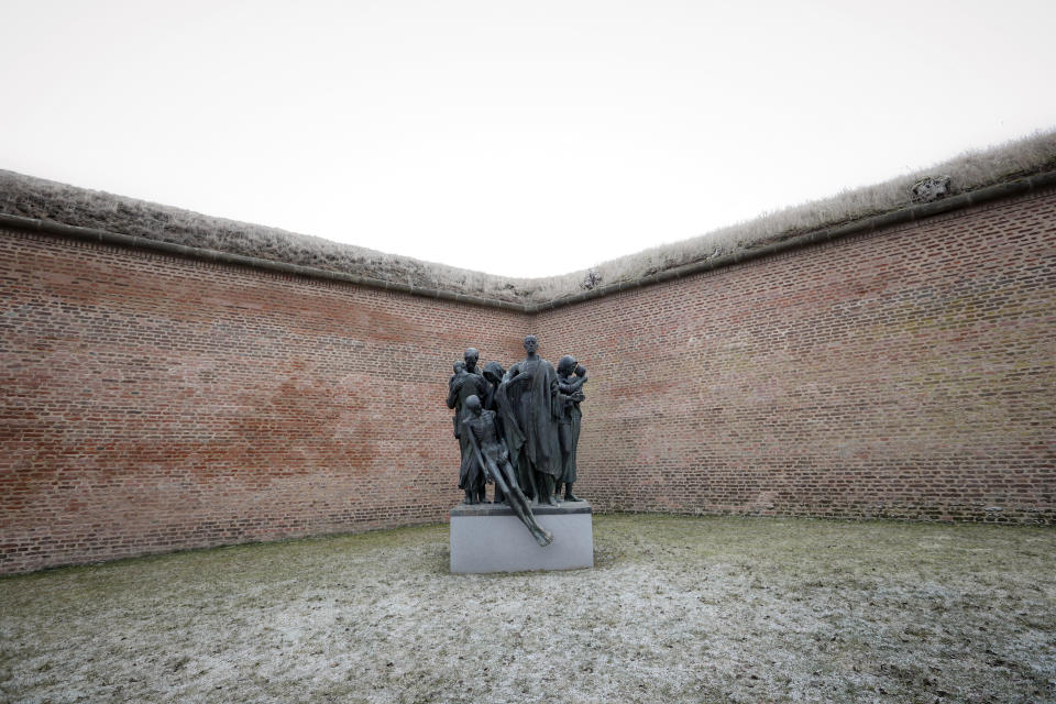 An unnamed monument at the former Nazi concentration camp in Terezin, Czech Republic, Thursday, Jan. 24, 2019. A unique collection of some 4,500 drawings by children who were interned at the Theresienstadt concentration camp during the Holocaust now displayed in the Pinkas Synagogue, still attracts attention even after 75 years since their creation. The drawings depict the everyday life as well hopes and dreams of returning home. (AP Photo/Petr David Josek)