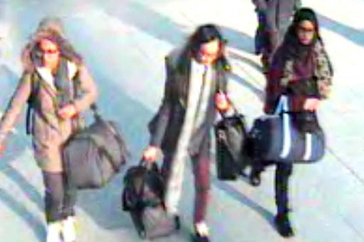 IS brides: Shamima Begum, right, and friends Amira Abase, far left, and Kadiza Sultana caught on CCTV at Gatwick as they left Britain for Syria in February 2015: PA