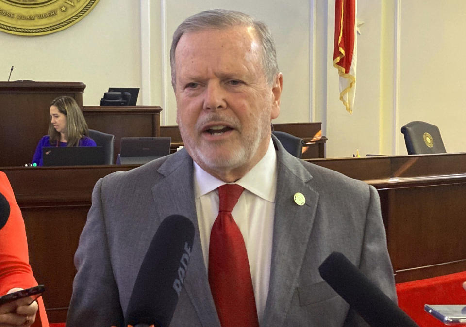 FILE - North Carolina Senate leader Phil Berger, R-Rockingham, speaks to reporters in the Legislative Building in Raleigh, N.C., on, Nov. 16, 2021 after the Senate gave initial approval to a final state government budget bill. With abortion restrictions, looser gun rules and deeper tax reductions likely in the balance, North Carolina Republican lawmakers and Democratic Gov. Roy Cooper are fighting in the campaign trenches over whose policy agenda will win out in Cooper's final two years in office. (AP Photo/Gary D. Robertson, File)