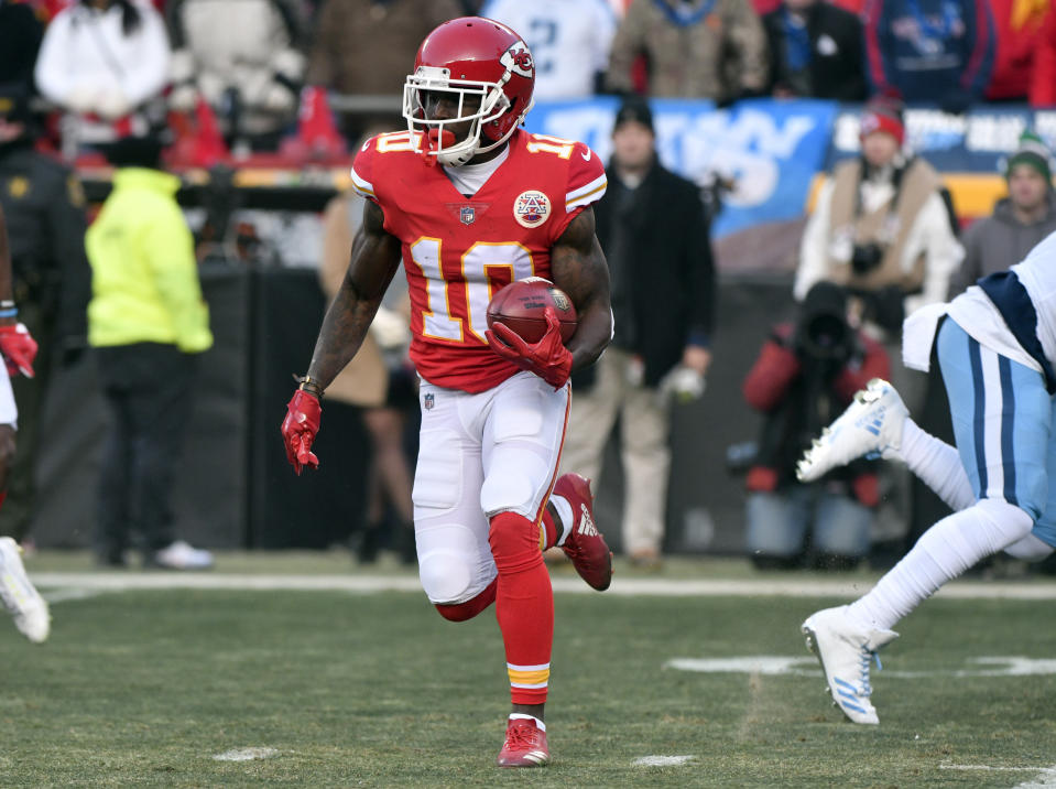 Kansas City Chiefs receiver Tyreek Hill is capable of scoring each time he touches the ball, but his fantasy value is too reliant on big plays. (AP Photo/Ed Zurga)