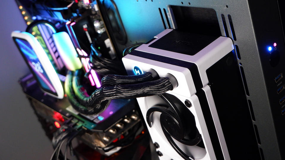 Hyte's Thicc Q60 liquid cooler with a huge 5 inch screen on the cold plate.