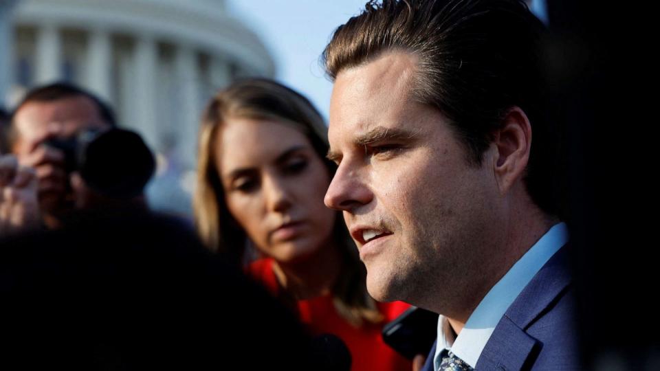 PHOTO: Rep. Matt Gaetz talks to reporters outside the U.S. Capitol after his motion to vacate the chair of House Speaker Kevin McCarthy succeeded by a vote of 216-210 in Washington, Oct. 3, 2023. (Jonathan Ernst/Reuters)