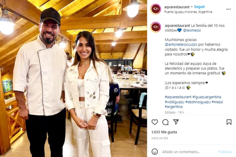 Antonela Roccuzzo cenó en un restaurante de Puerto Iguazú (Foto: Instagram @aqvarestaurant)