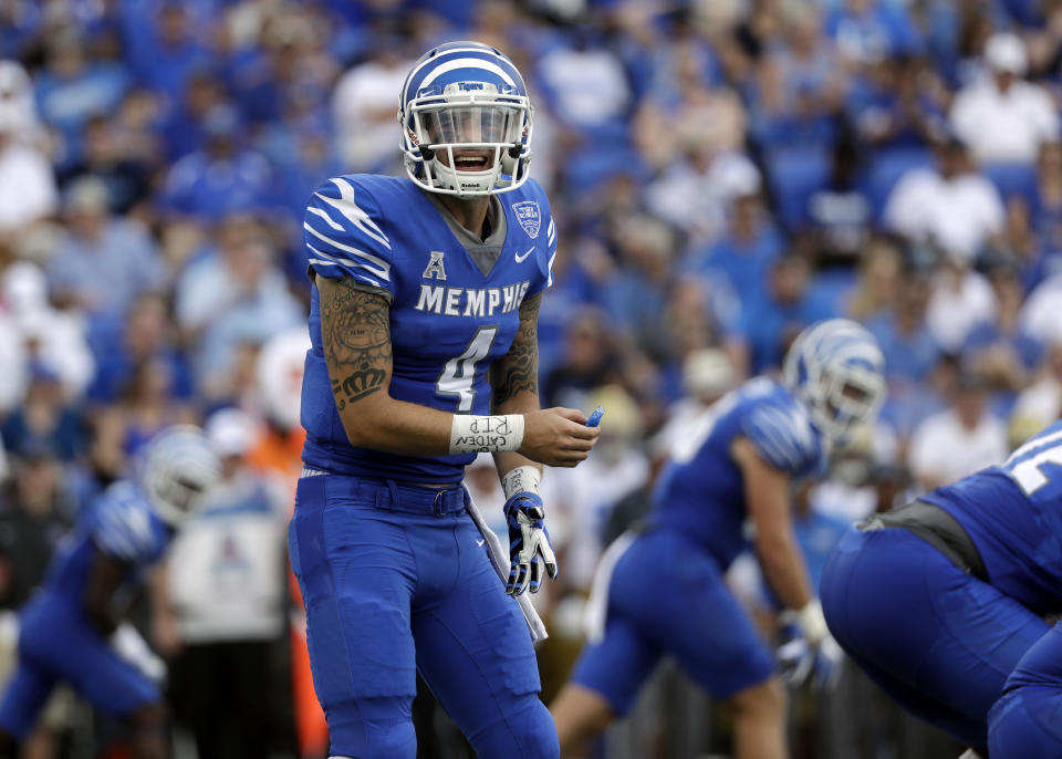 Riley Ferguson calls a play against UCLA in the first half of an NCAA college football game Saturday, Sept. 16, 2017, in Memphis, Tenn. (AP Photo/Mark Humphrey)