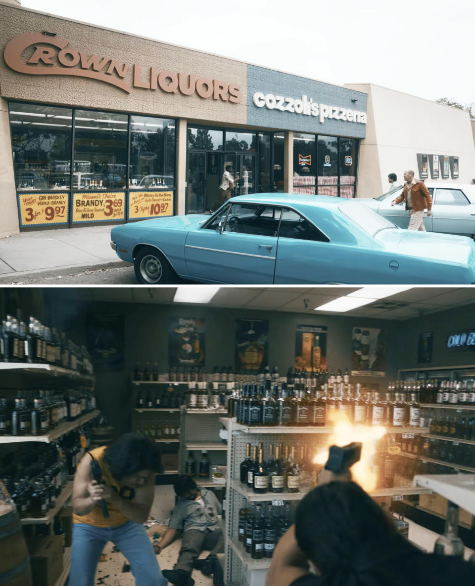 The hitmen entering and shooting up the liquor store in a scene from "Griselda"