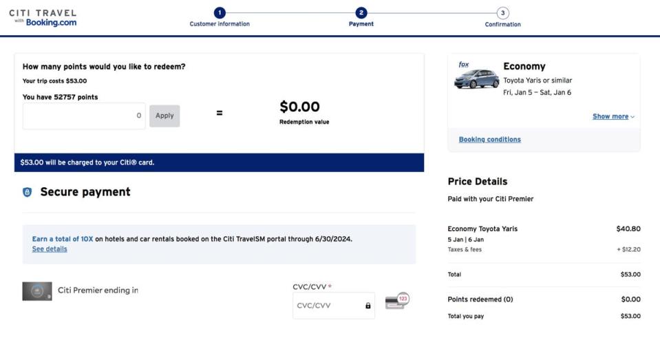 Screenshot of final booking screen for a car rental through the Citi Travel Portal.