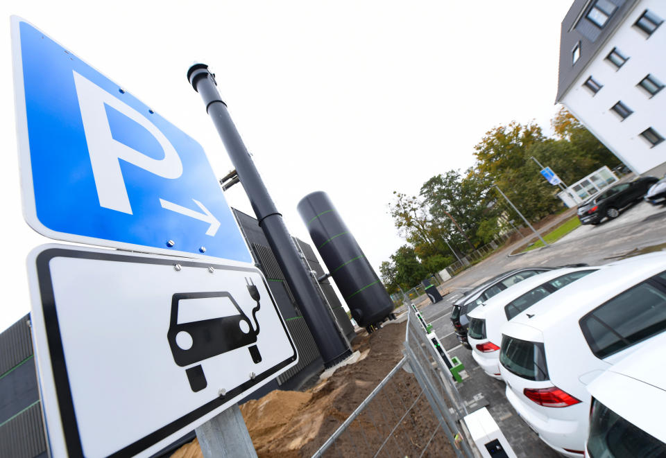 A charging station for electric cars and electric bicycles in the new Hanau residential area 'Pioneer Par,' in Hessen, Germany. Photo: Arne Dedert/Picture Alliance via Getty Images