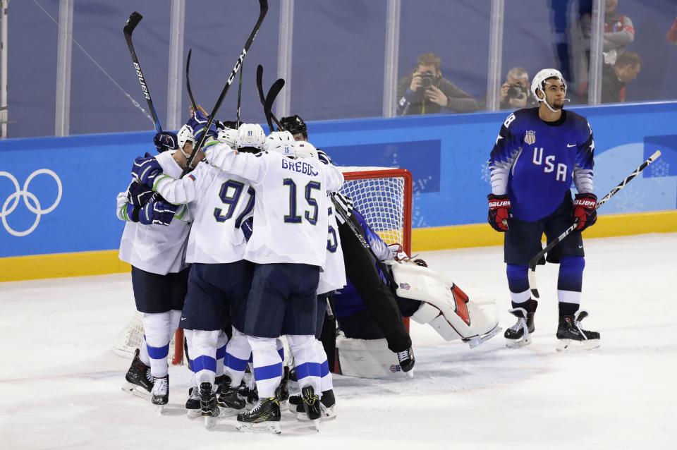 United States forward Jordan Greenway, right, looks away after Slovenia scored its second goal on Wednesday in both teams’ Olympic hockey opener in PyeongChang, South Korea. (Reuters)