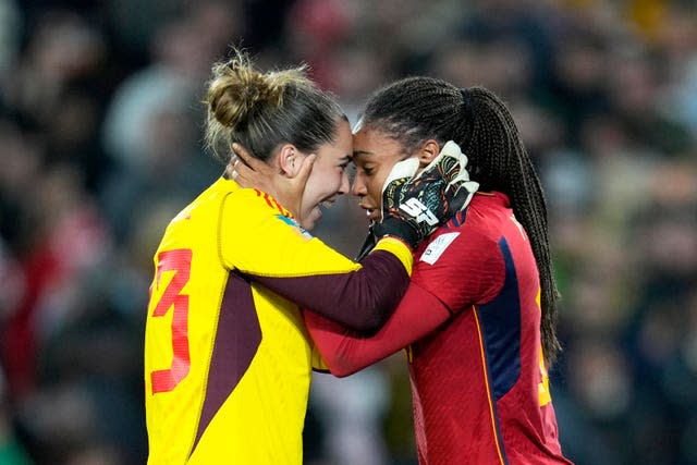 Cata Coll, left, and Salma Paralluelo celebrate Spain's World Cup win