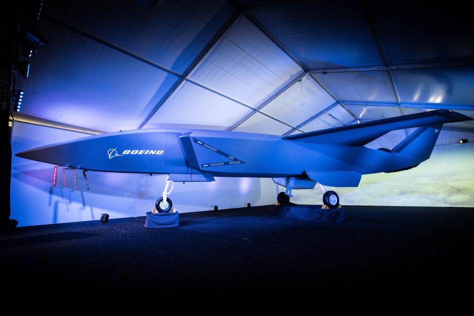 Prototype of Boeing's Airpower Teaming System drone on display at an air show.