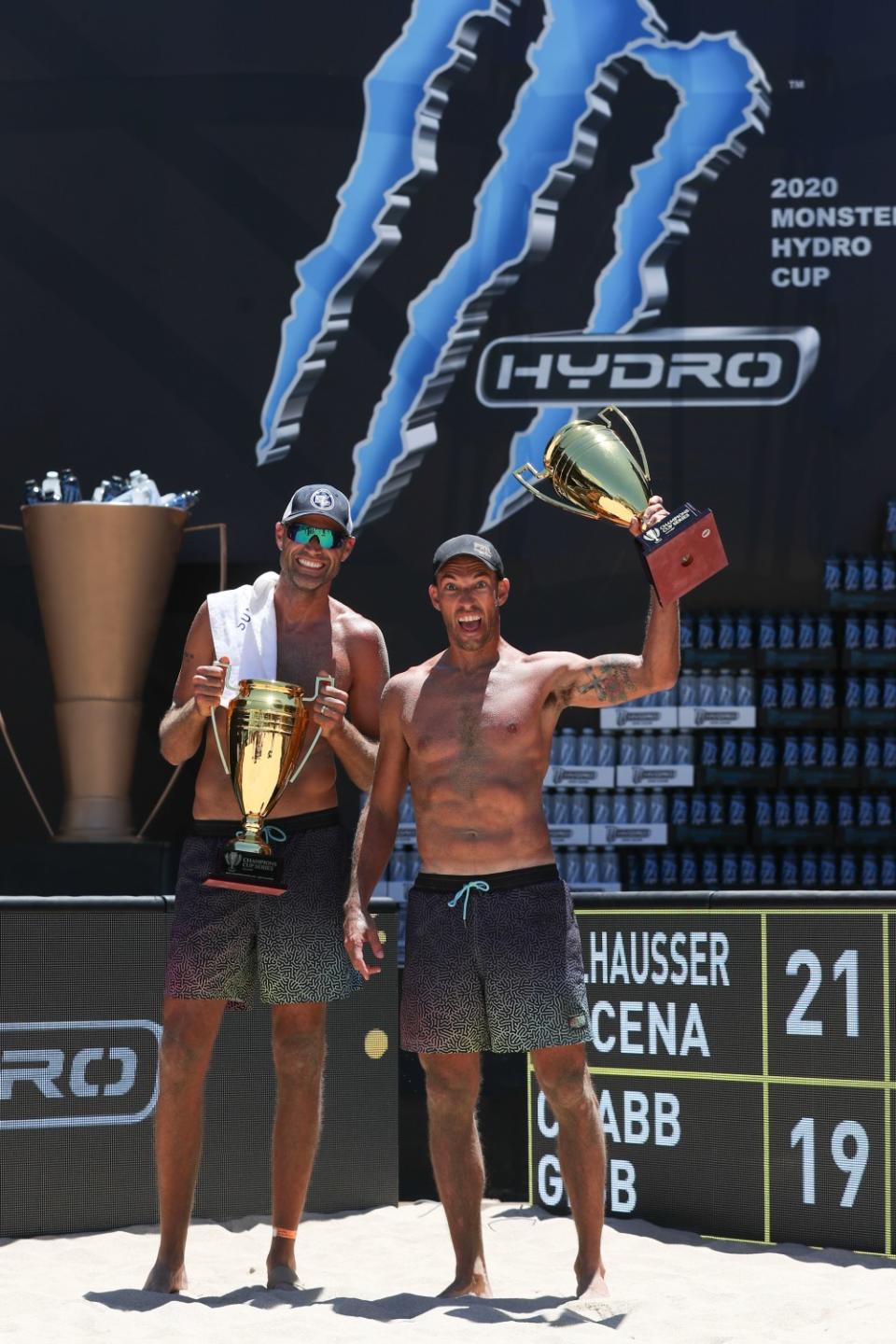 Phil Dalhausser and Nick Lucena celebrate their victory at the AVP Tour tournament in Long Beach.